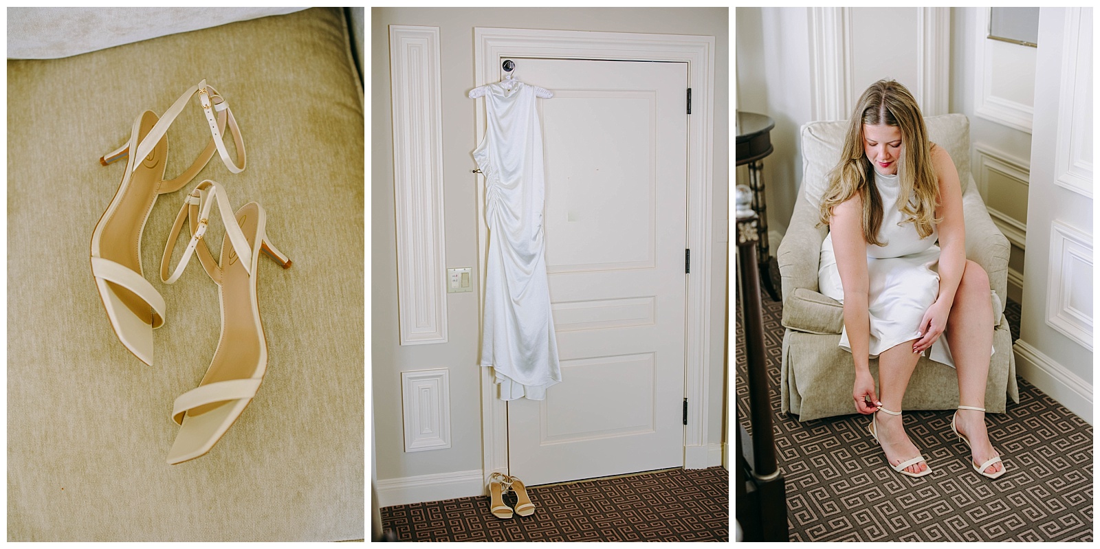 Heels and wedding dress and bride putting on heels