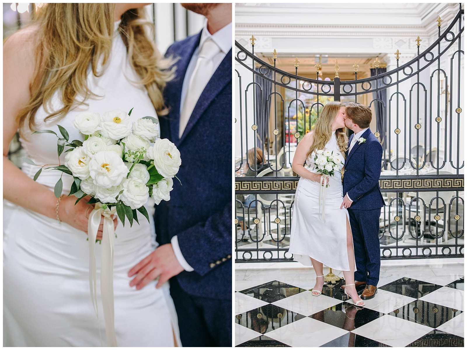 bride and groom in front of gate