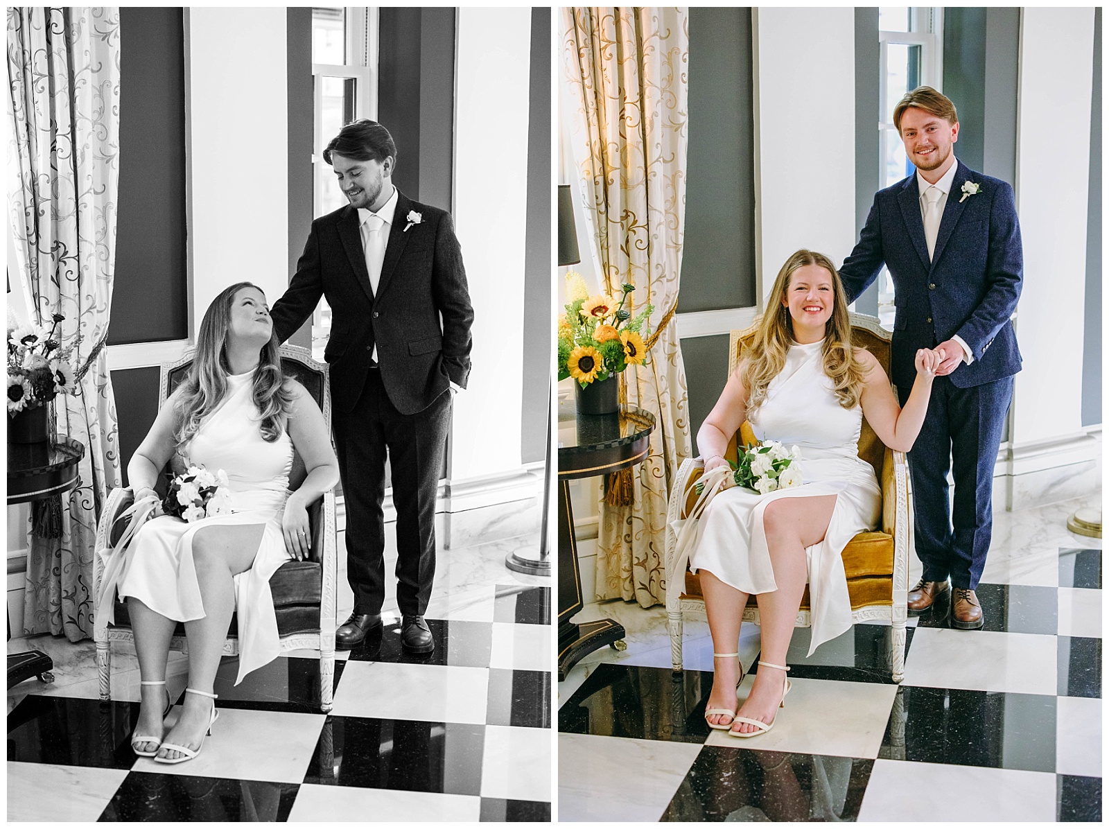 bride sitting in chair in front of groom