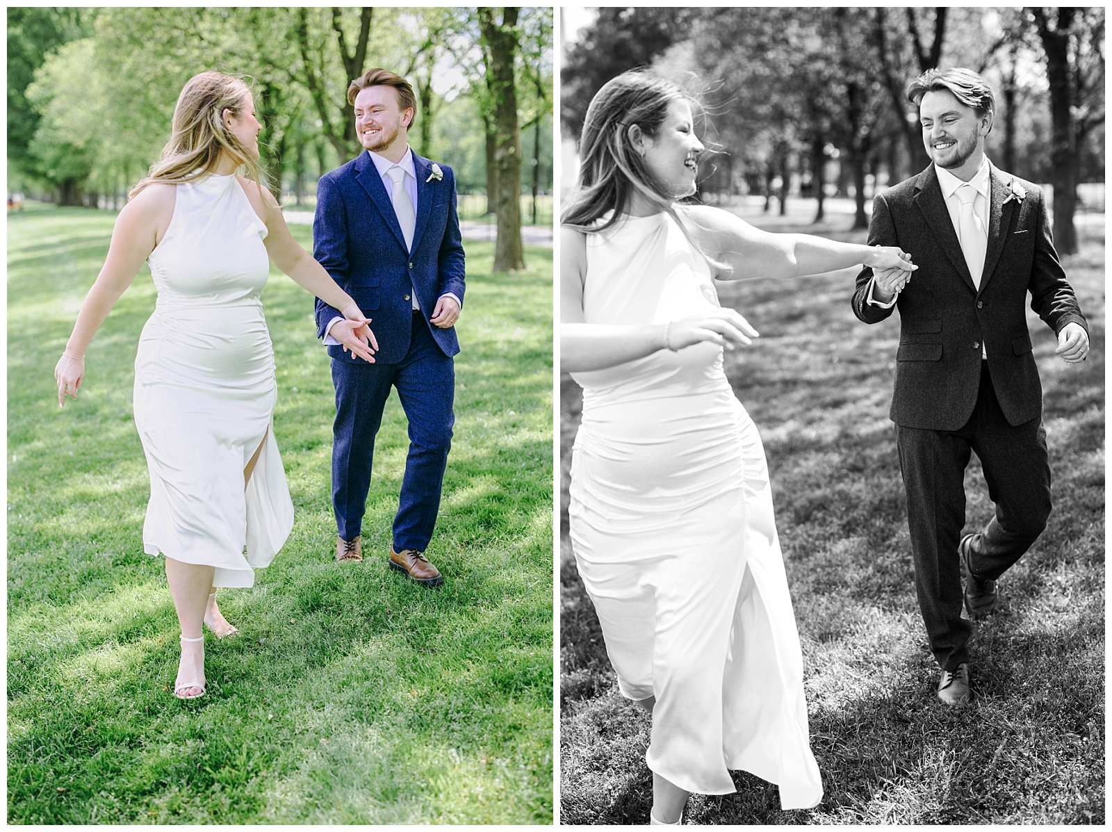 Bride and groom holding hands and walking