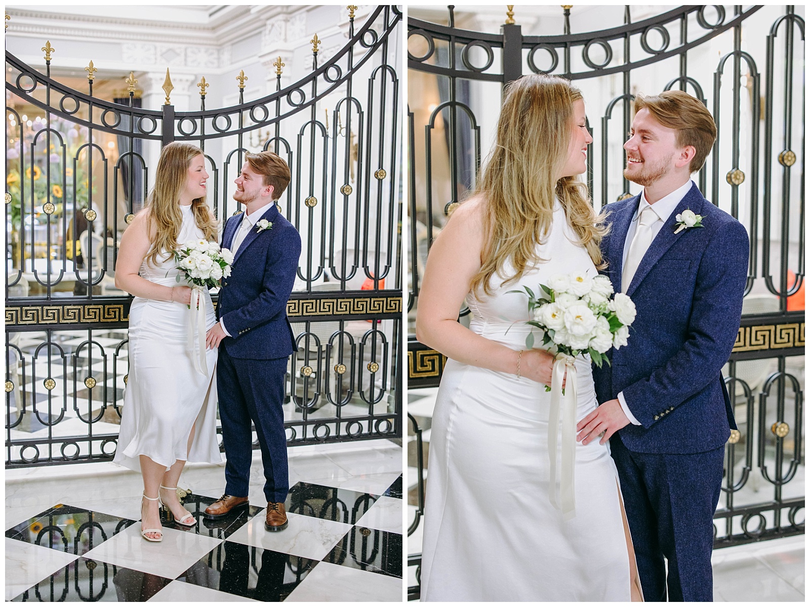 bride and groom in front of gate