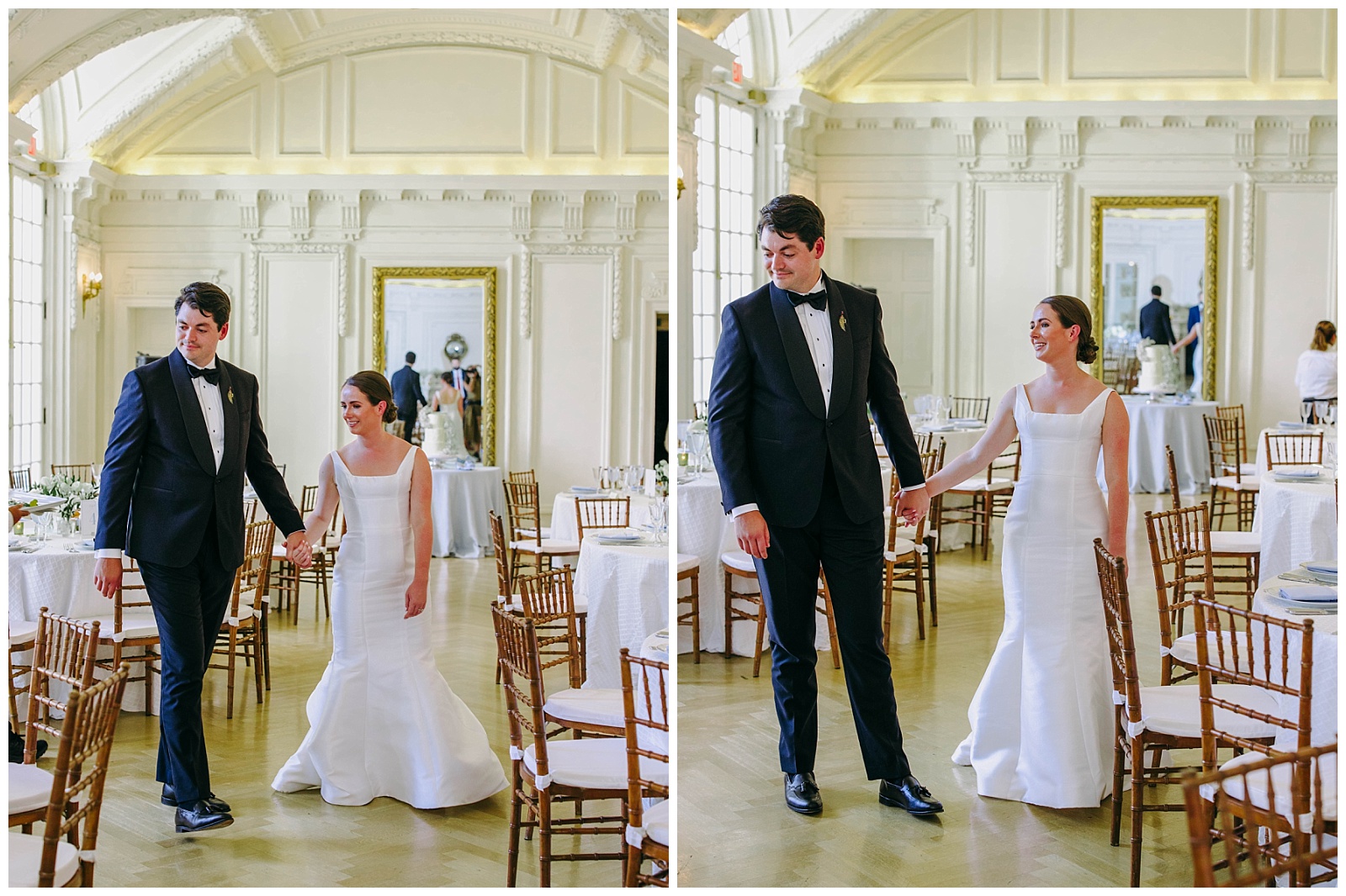 bride and groom look at reception area