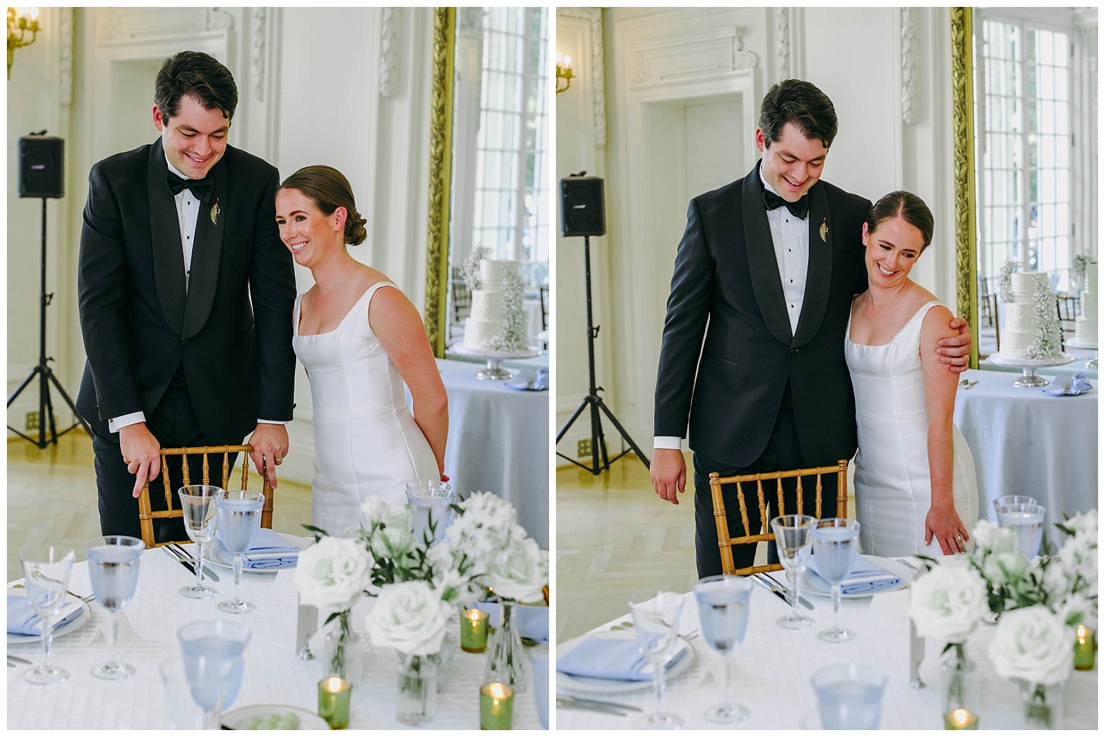 bride and groom look at reception area