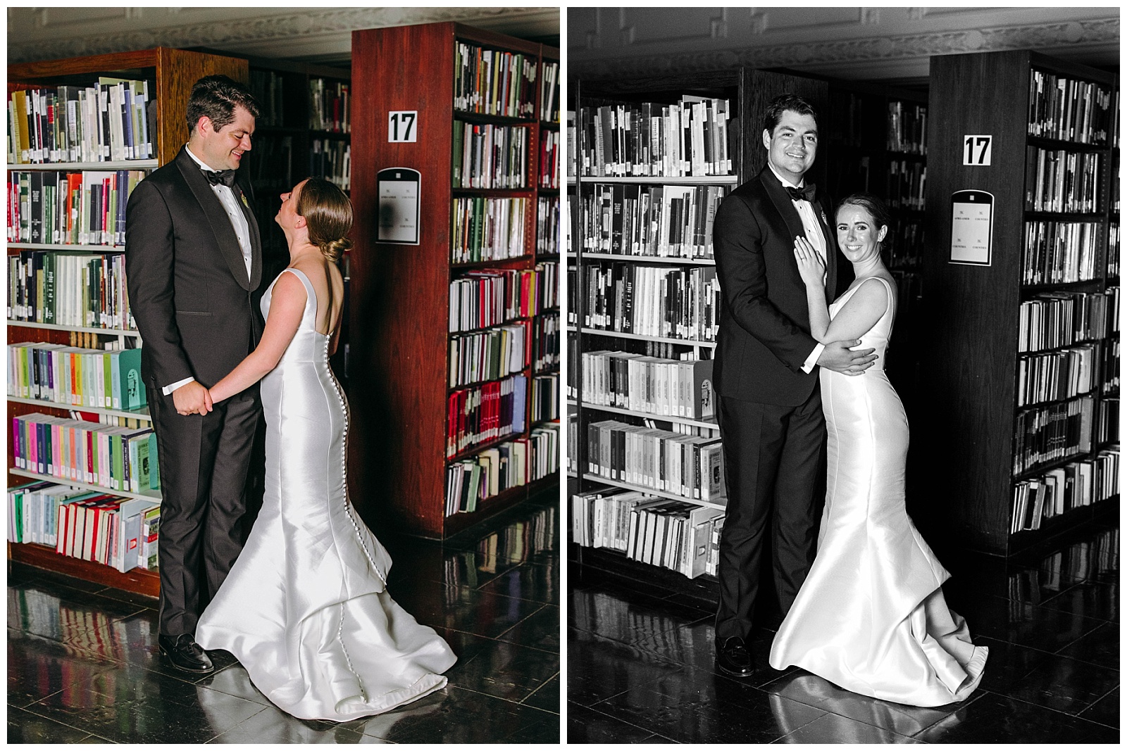 bride and groom in library