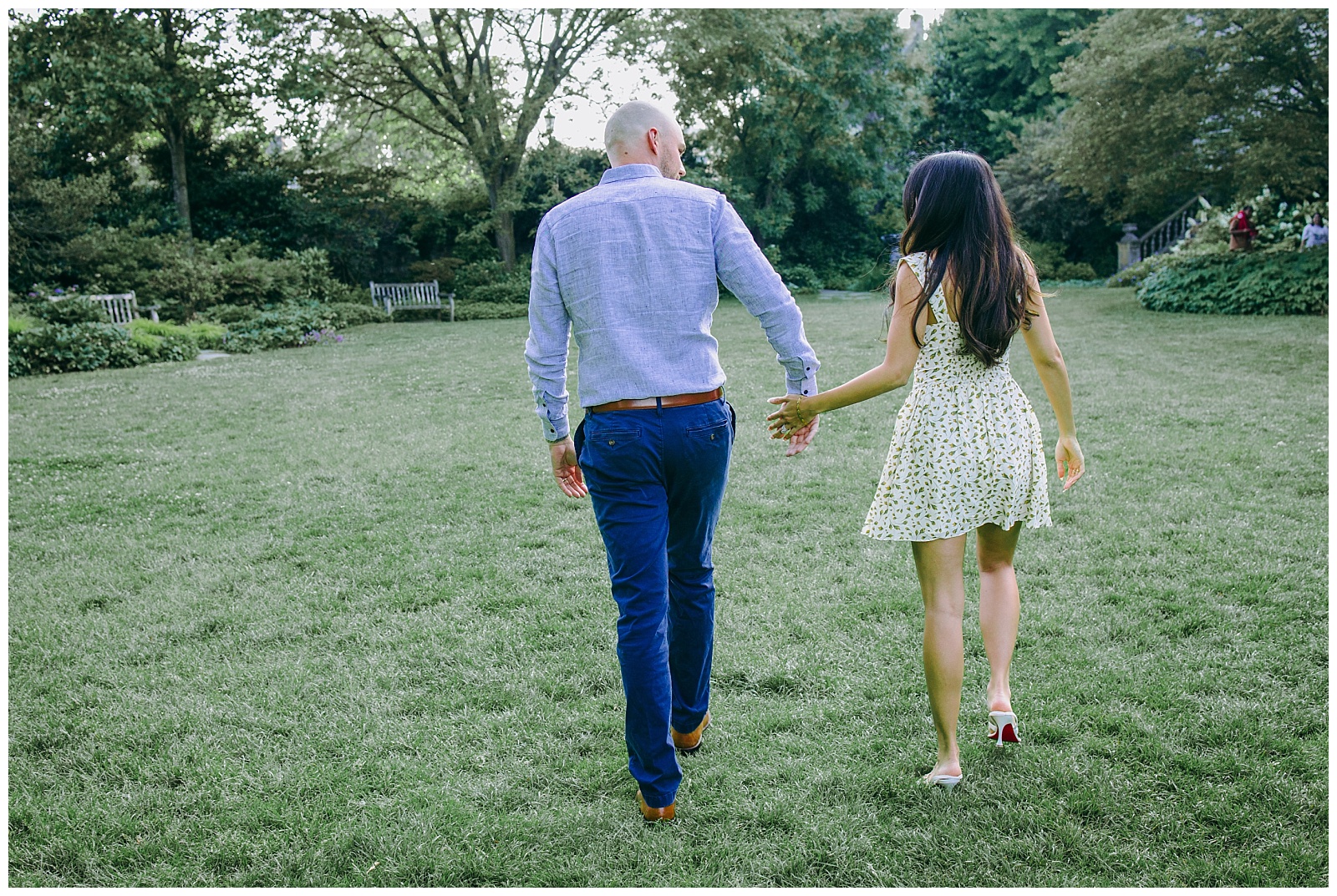 engaged couple walking