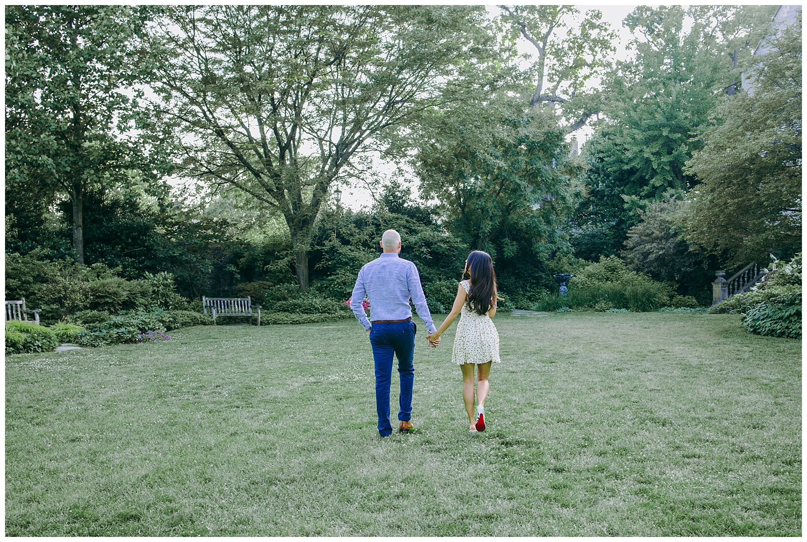 engaged couple walking