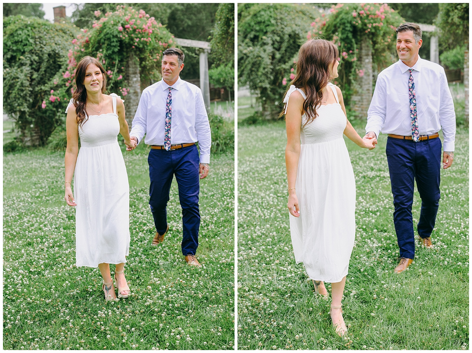 engaged couple walking