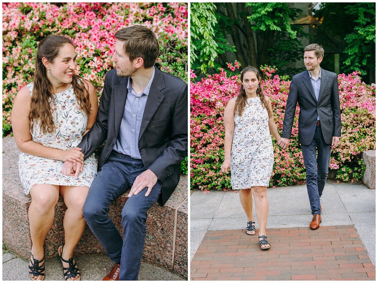 couple sitting at Enid A. Haupt Garden photo session
