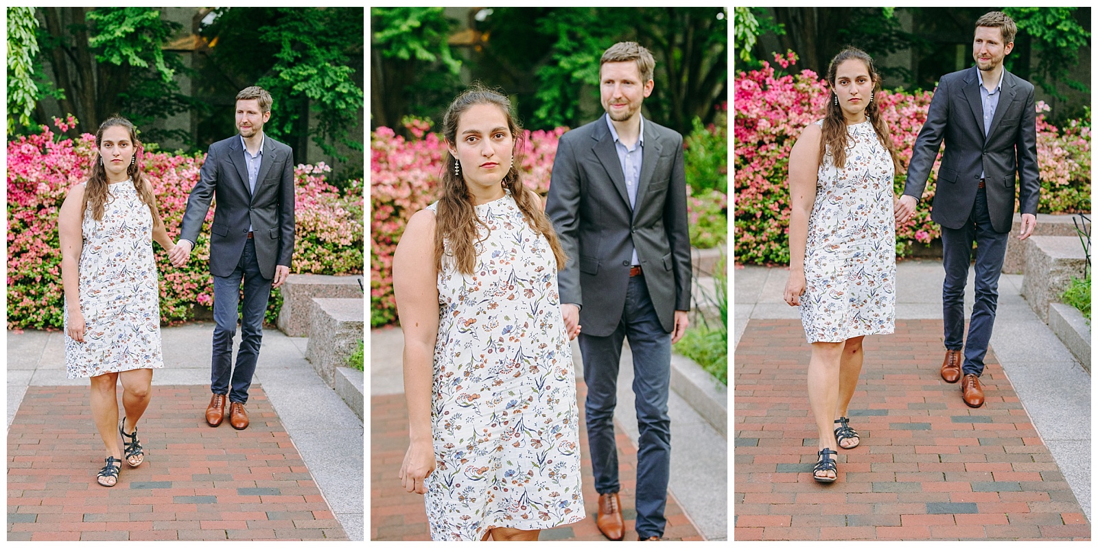 couple walking at Enid A. Haupt Garden photo session