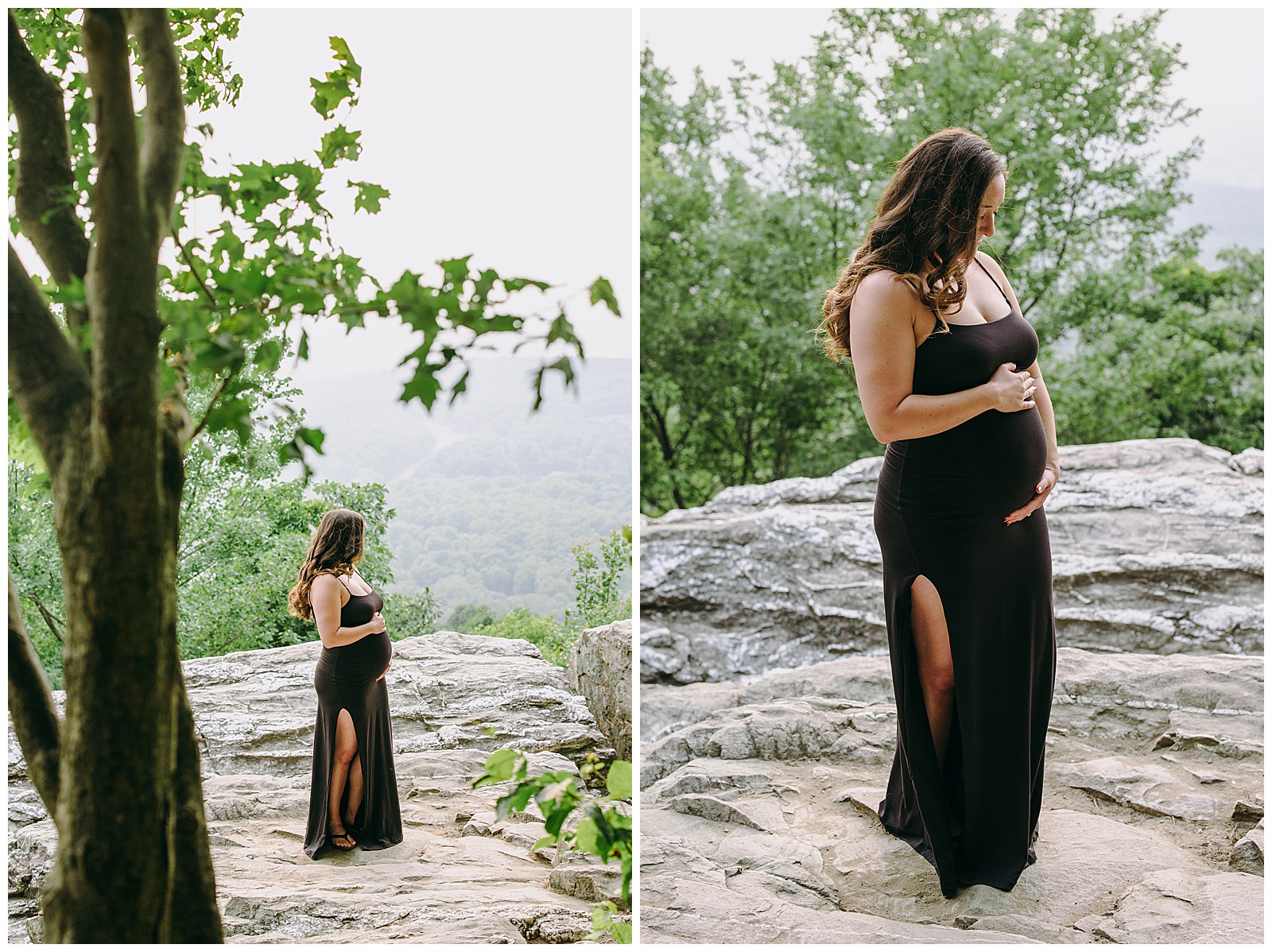 woman at bears den overlook sunset poses holding her baby bump at her maternity session