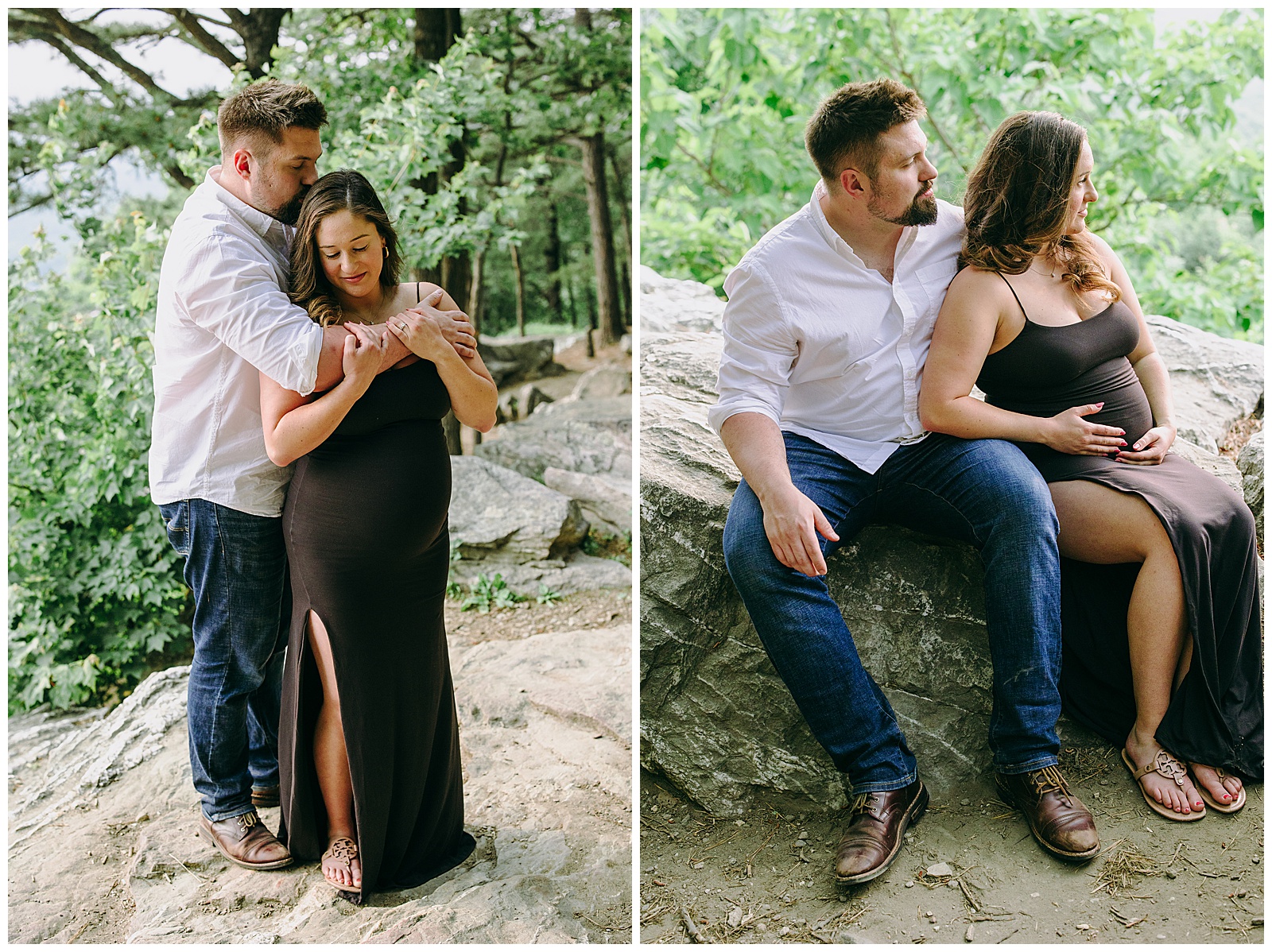 Maternity Photos at Bear's Den couple sitting on left and standing on right