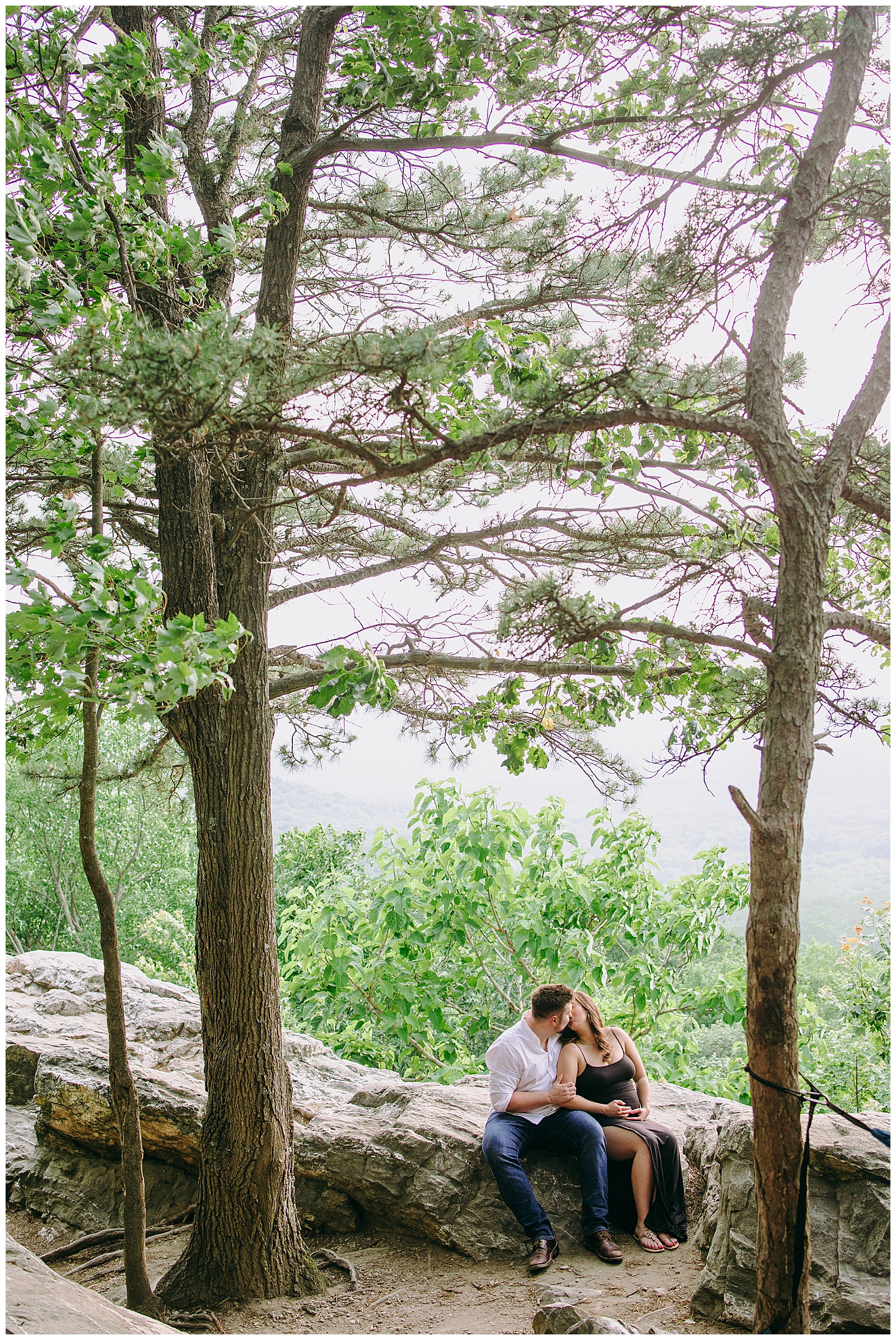 couple sits under tree and kisses at their Maternity Photos at Bear's Den