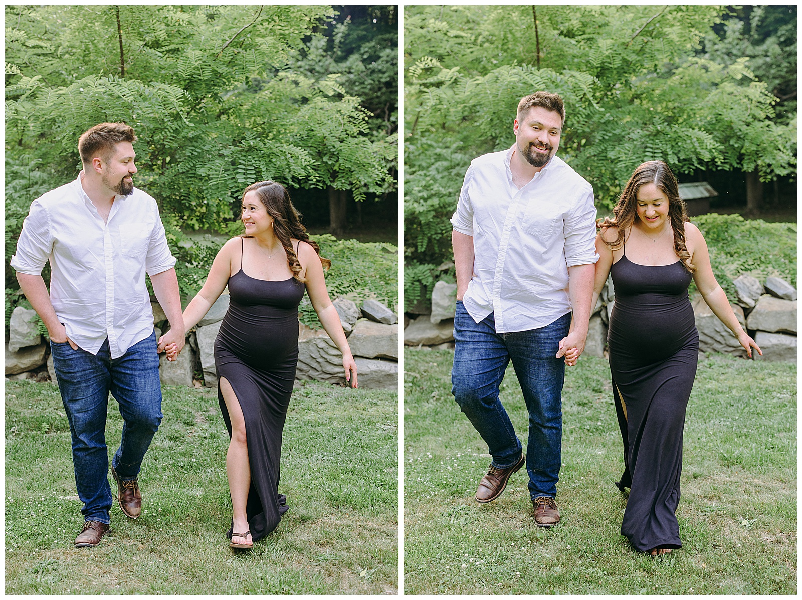couple walks hand in hand for their maternity photoshoot