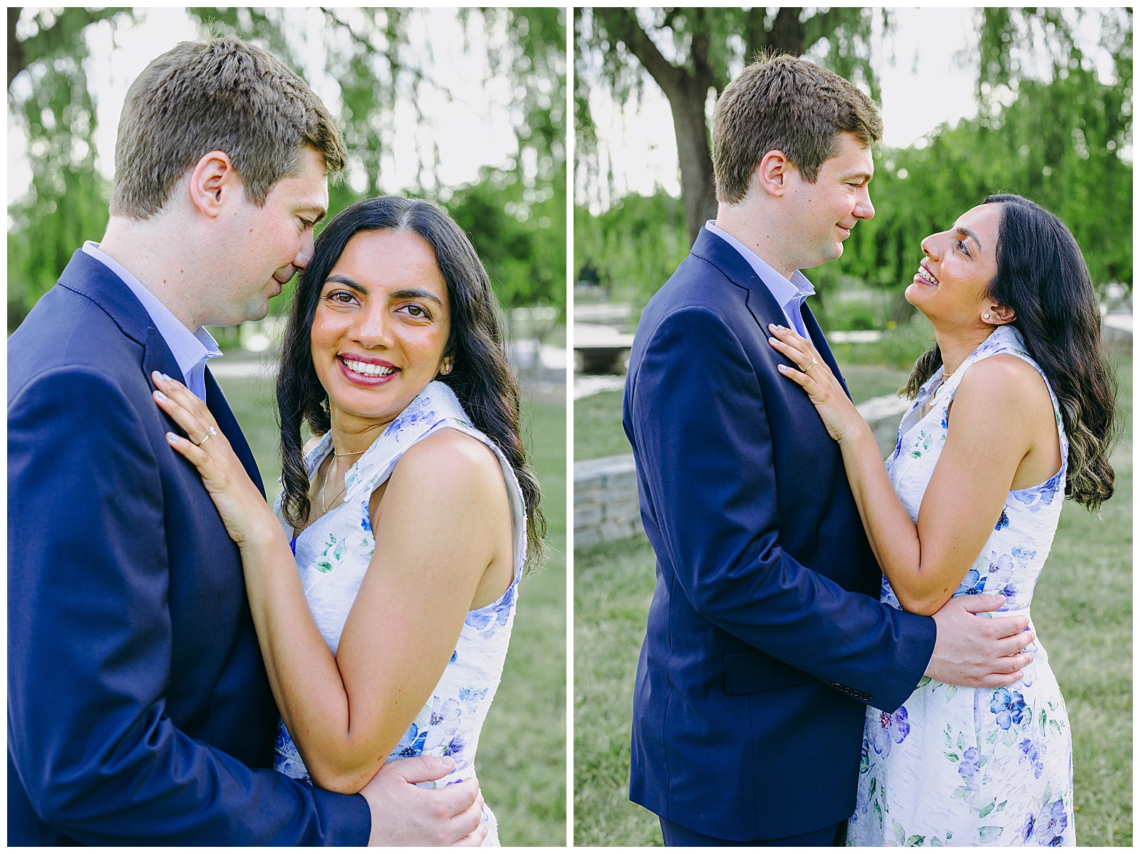 groom wearing a blue sit, bride wearing a white and blue dress