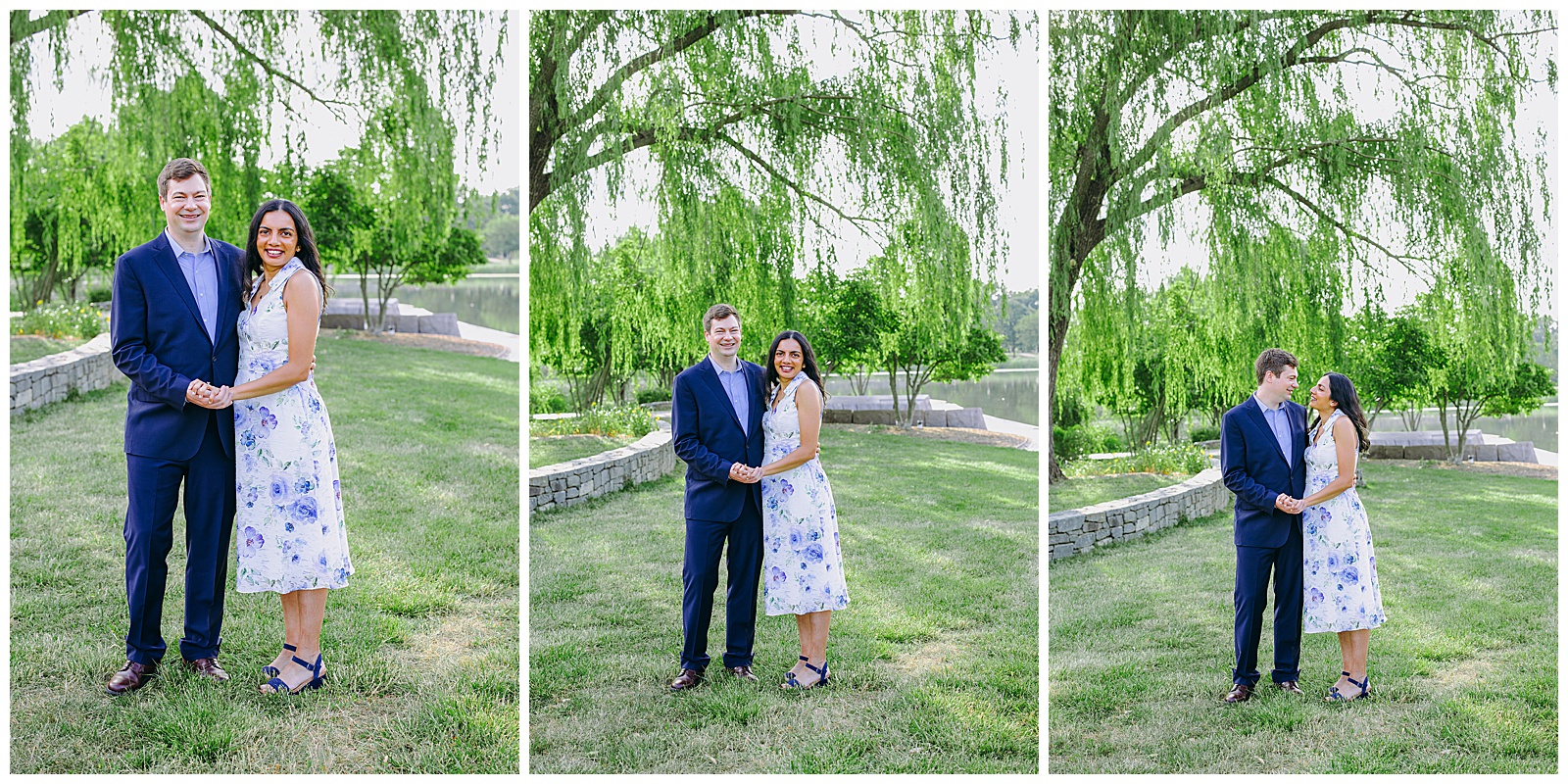 couple standing under a willow tree