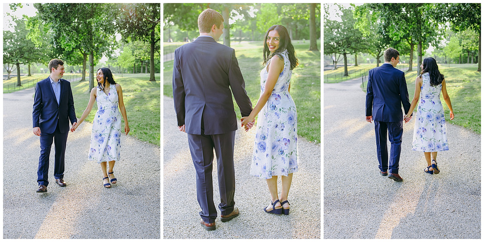 man and woman wearing blue at their Mall Engagement Photos