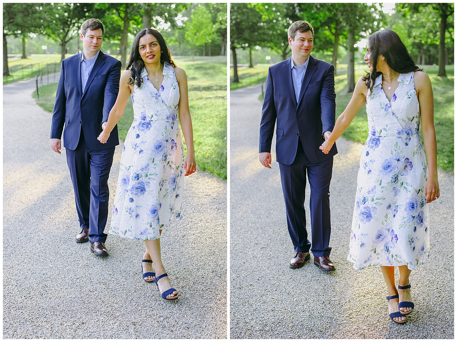 woman leading man on a walk and looking back over her shoulder at him