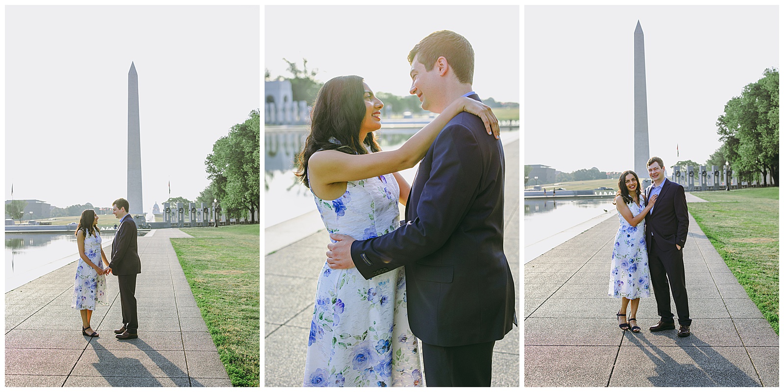 National Mall Engagement Photos couple standing in front of the Washington Monument