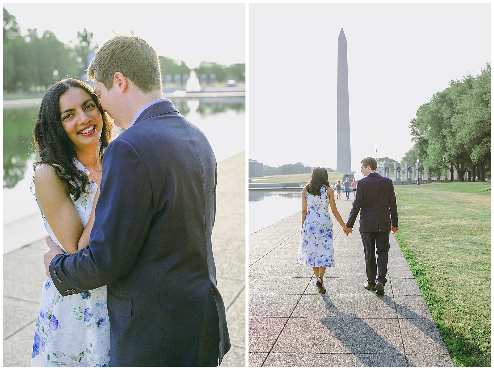 couple walking beside the reflecting pool at their Engagement Photos