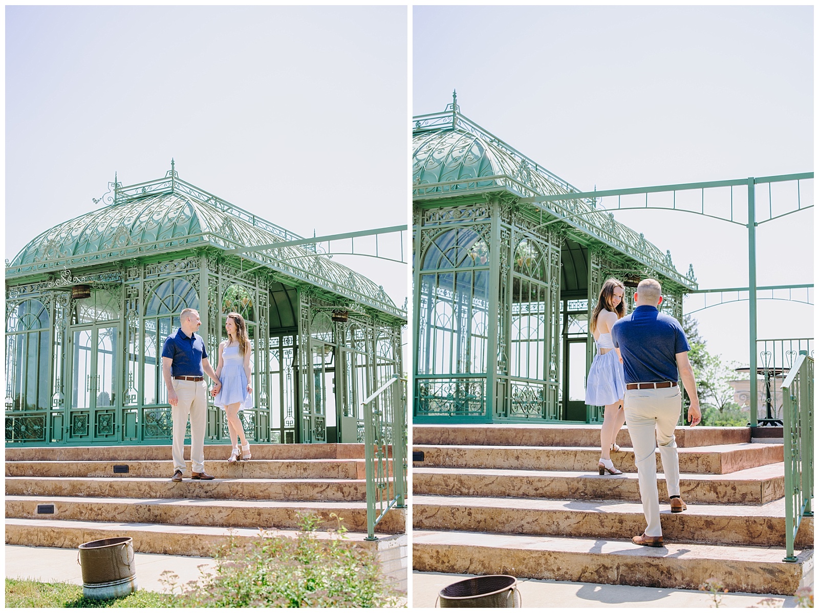 couple in front of green house