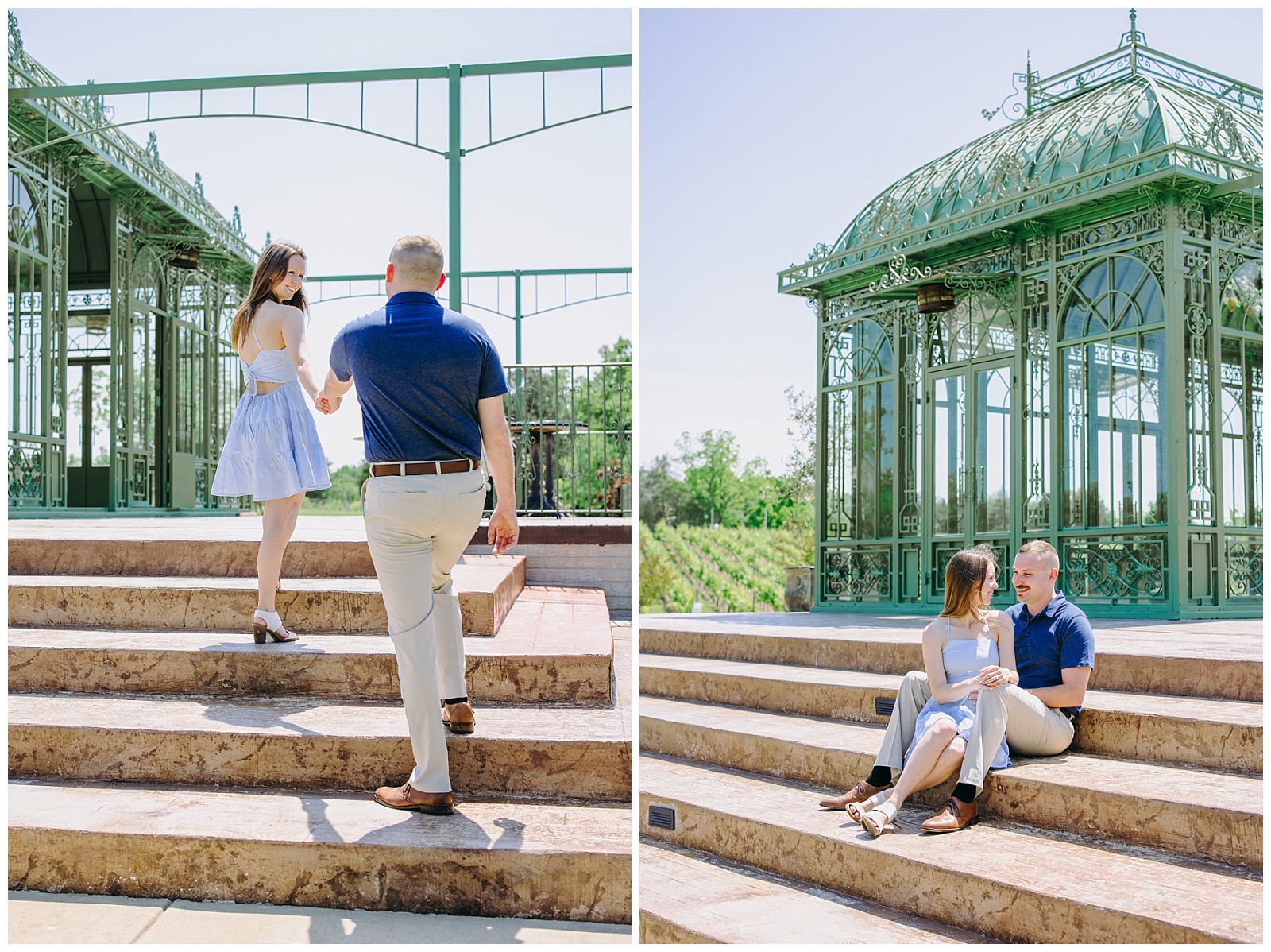 couple in front of green house