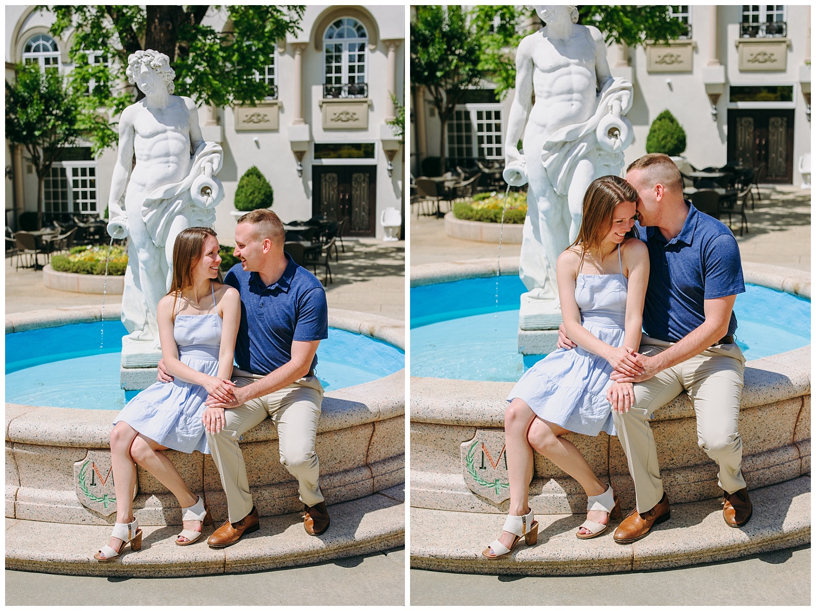 couple sitting at fountain at Morais Vineyard