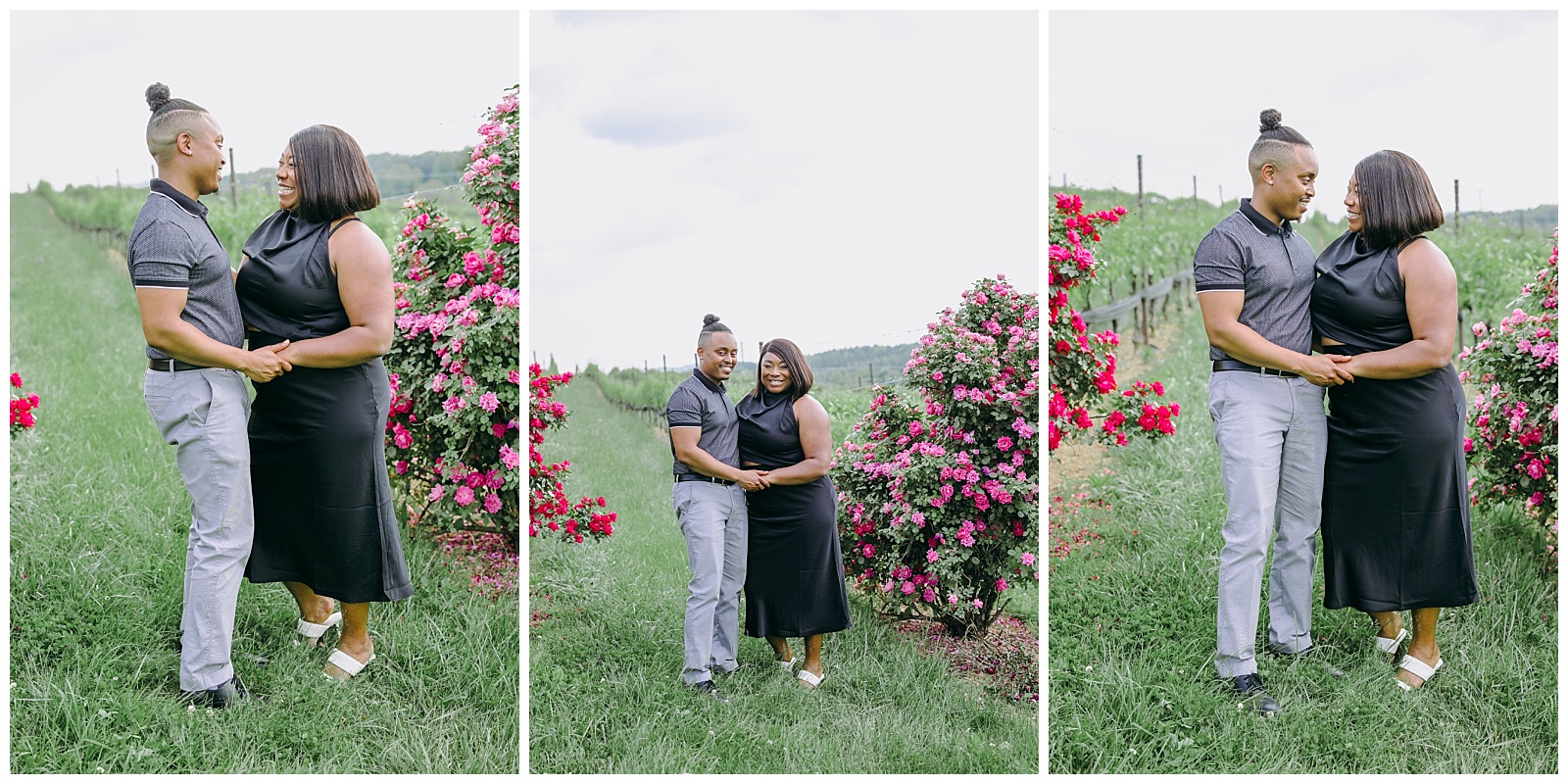 couple and pink flowers at Stone Tower Winery